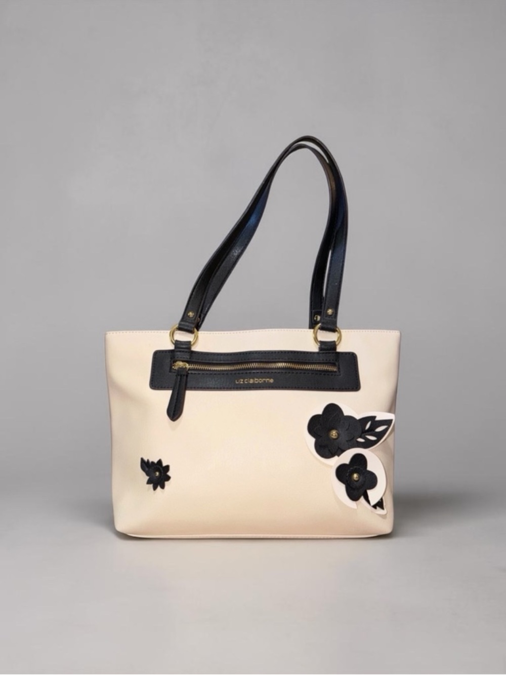 Liz Claiborne Cream Tote with Black Trim & Floral Accents